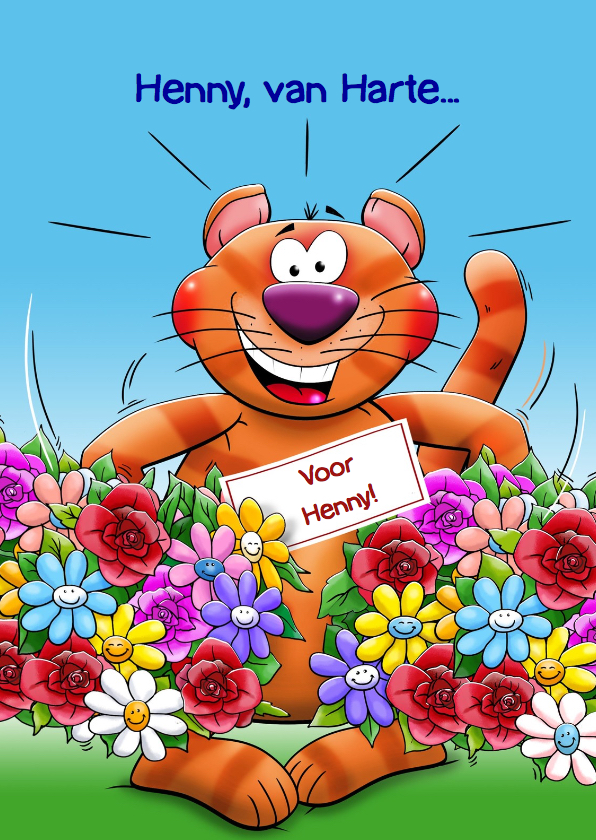 Verjaardagskaart poes met 2 kleurrijke bossen bloemen - Verjaardagskaarten Verjaardagskaarten - Verjaardagskaart poes met 2 kleurrijke bossen bloemen