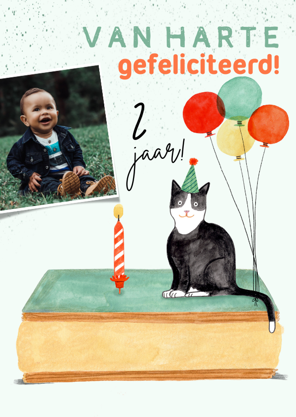 Verjaardagskaarten - Verjaardagskaart poes tompouce ballonnen foto 2 jaar