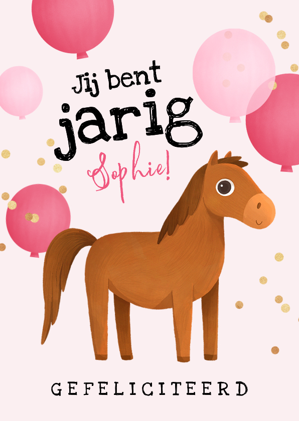 Verjaardagskaarten - Verjaardagskaart pony ballonnen confetti kind roze