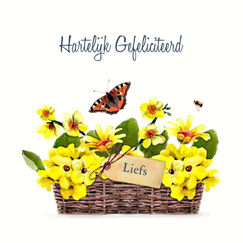 Verjaardagskaart rieten mand met gele bloemen - Verjaardagskaarten Verjaardagskaarten - Verjaardagskaart rieten mand met gele bloemen