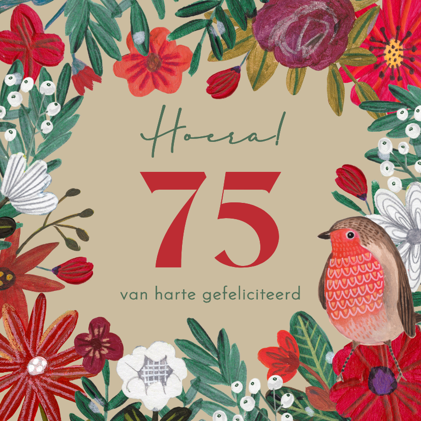 Verjaardagskaarten - Verjaardagskaart rode bloemen met roodborstje