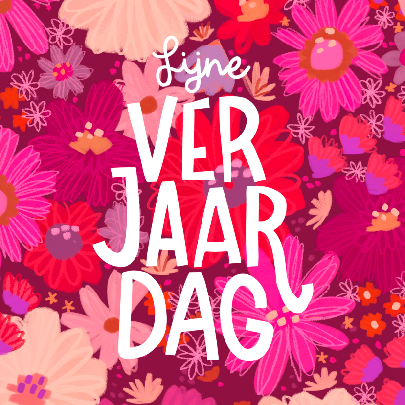 Verjaardagskaarten - Verjaardagskaart rode en roze bloemen explosie