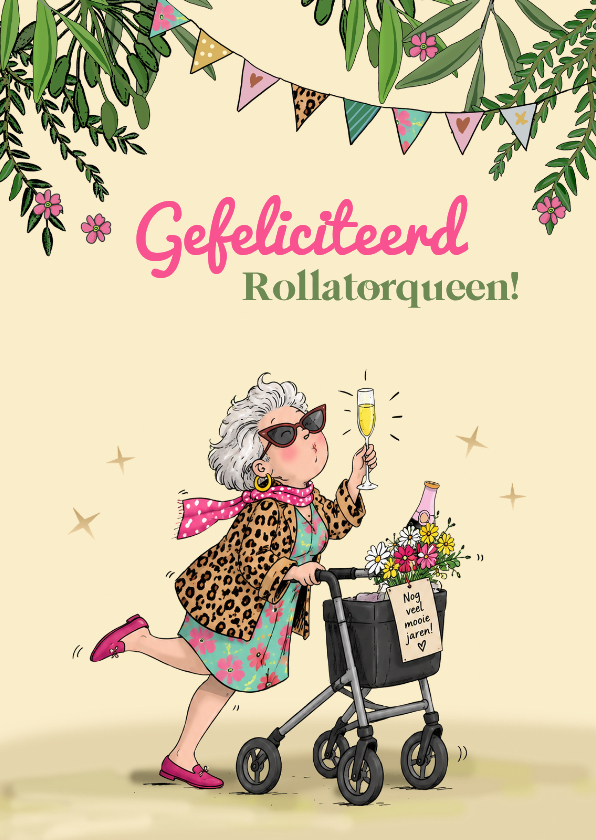 Verjaardagskaart rollator queen met champagne - Verjaardagskaarten Verjaardagskaarten - Verjaardagskaart rollator queen met champagne