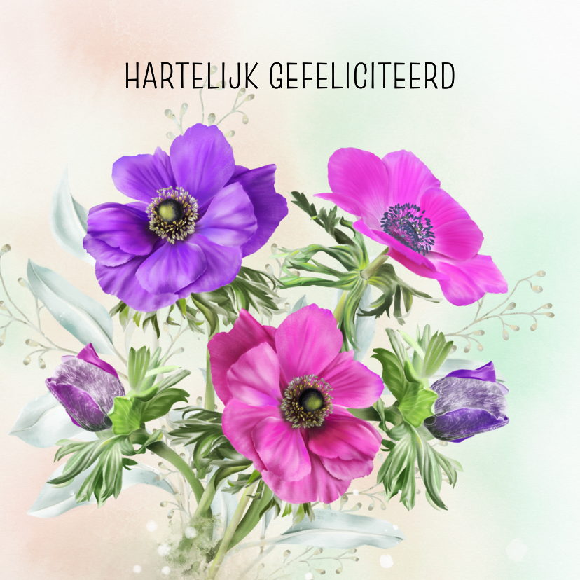 Verjaardagskaart roze en paarse anemonen - Verjaardagskaarten Verjaardagskaarten - Verjaardagskaart roze en paarse anemonen