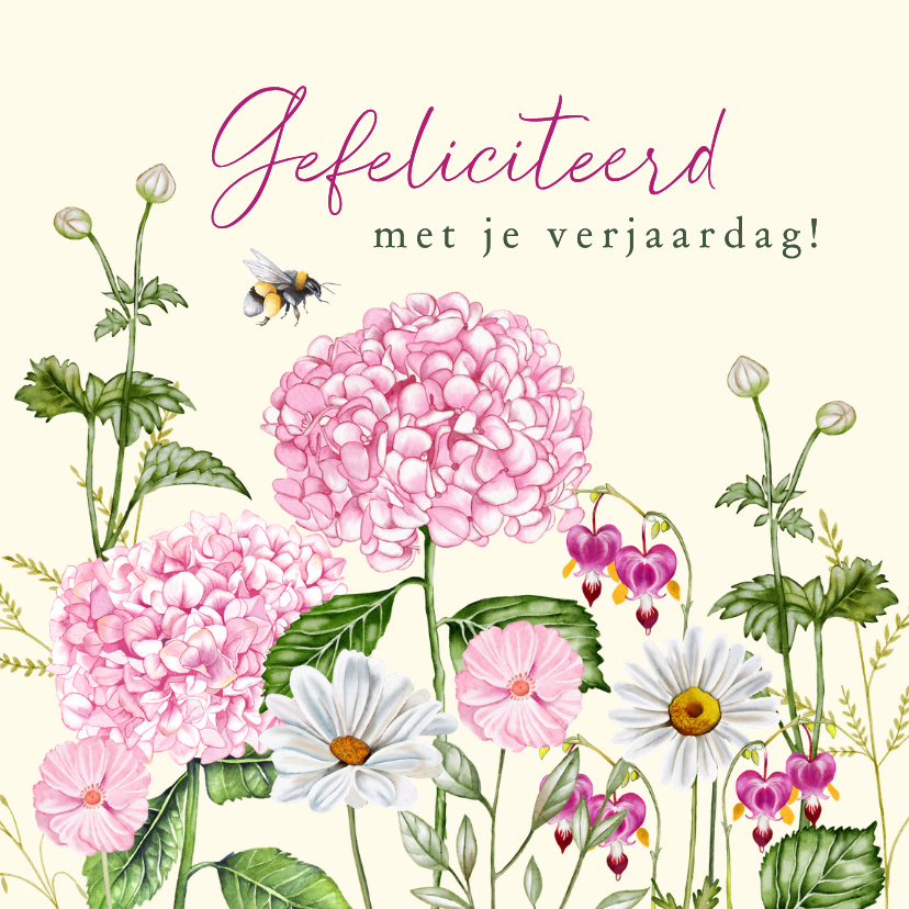 Verjaardagskaarten - Verjaardagskaart roze hortensia's in de tuin