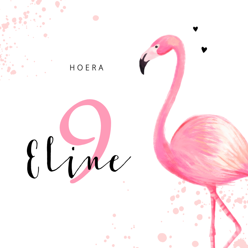 Verjaardagskaarten - Verjaardagskaart roze met flamingo en spetters