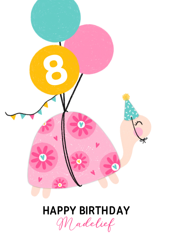 Verjaardagskaarten - Verjaardagskaart schildpad ballonnen roze mint geel