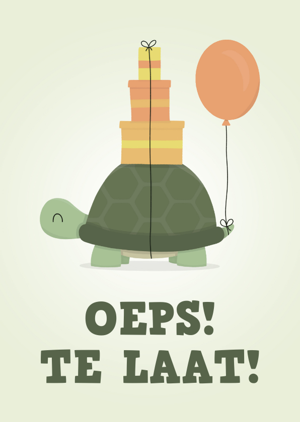 Verjaardagskaarten - Verjaardagskaart schildpad met ballon en cadautjes te laat