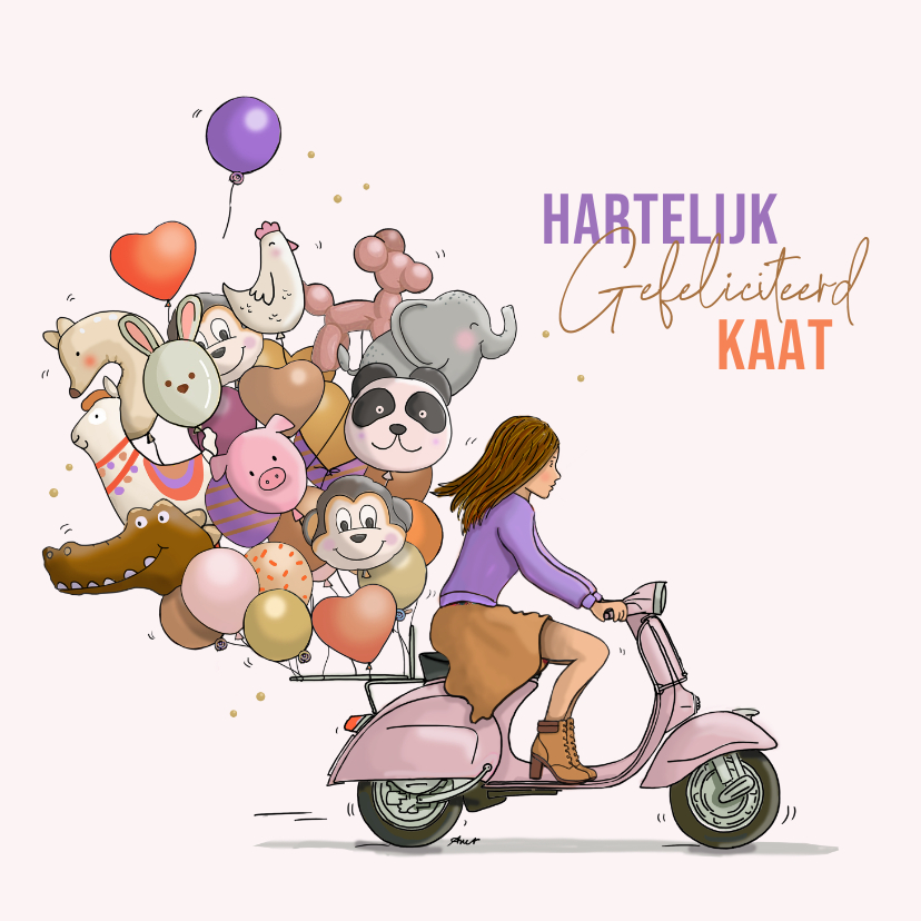 Verjaardagskaarten - Verjaardagskaart scooter met ballonnen