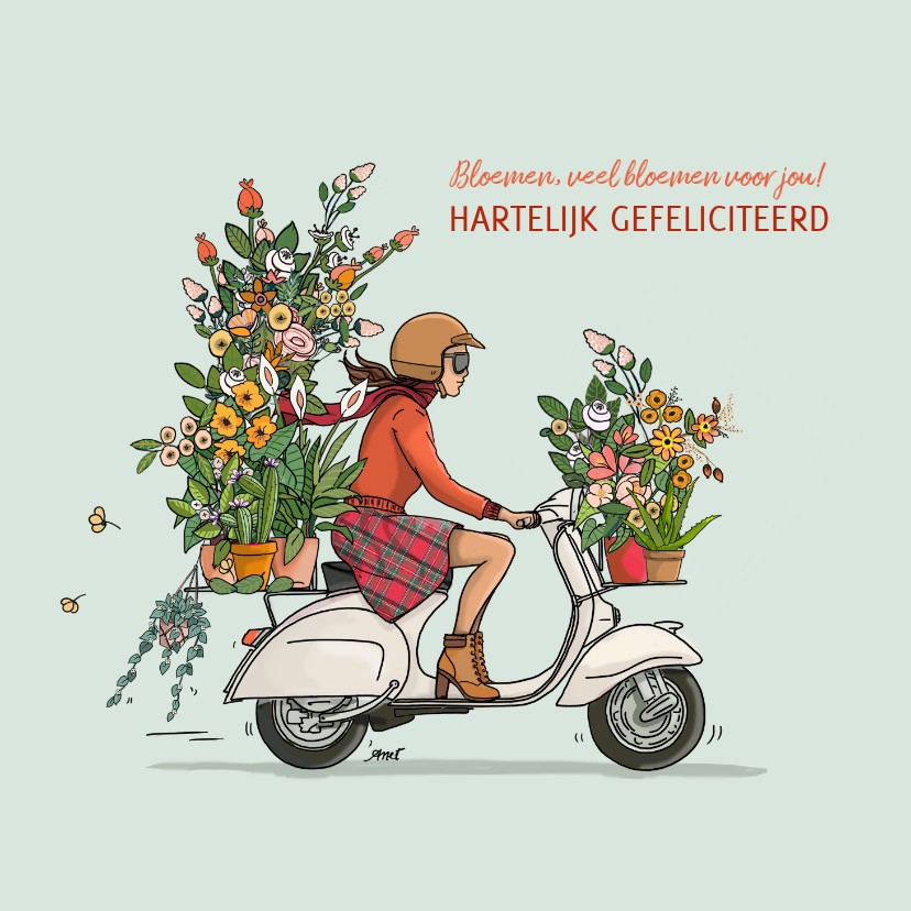 Verjaardagskaarten - Verjaardagskaart scooter met bloemen vrouw