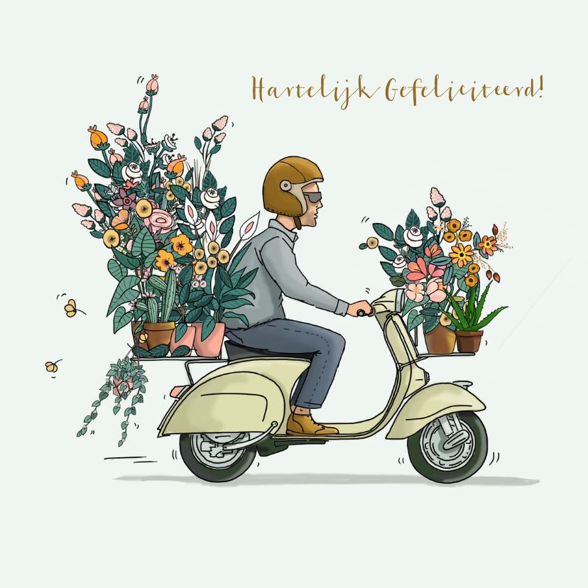 Verjaardagskaarten - Verjaardagskaart scooter met bloemen