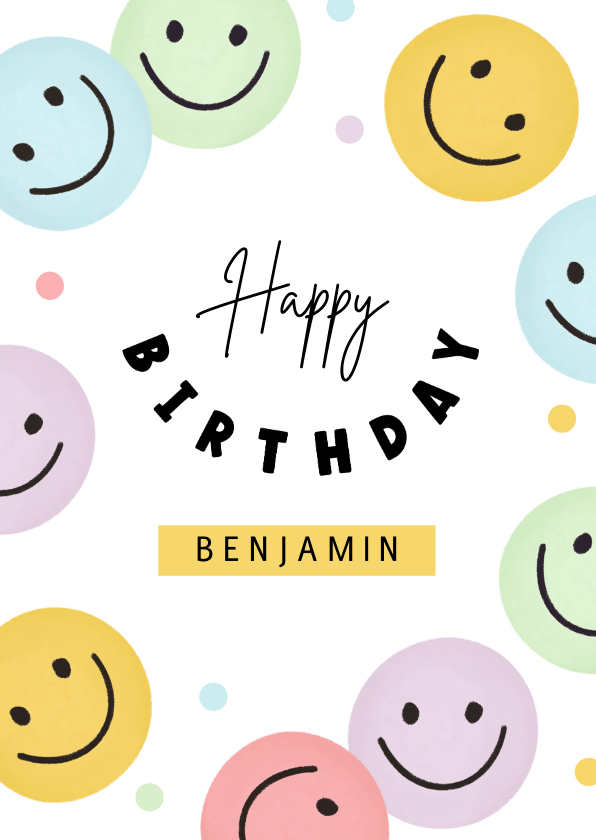 Verjaardagskaart smileys happy birthday confetti blij - Verjaardagskaarten Verjaardagskaarten - Verjaardagskaart smileys happy birthday confetti blij