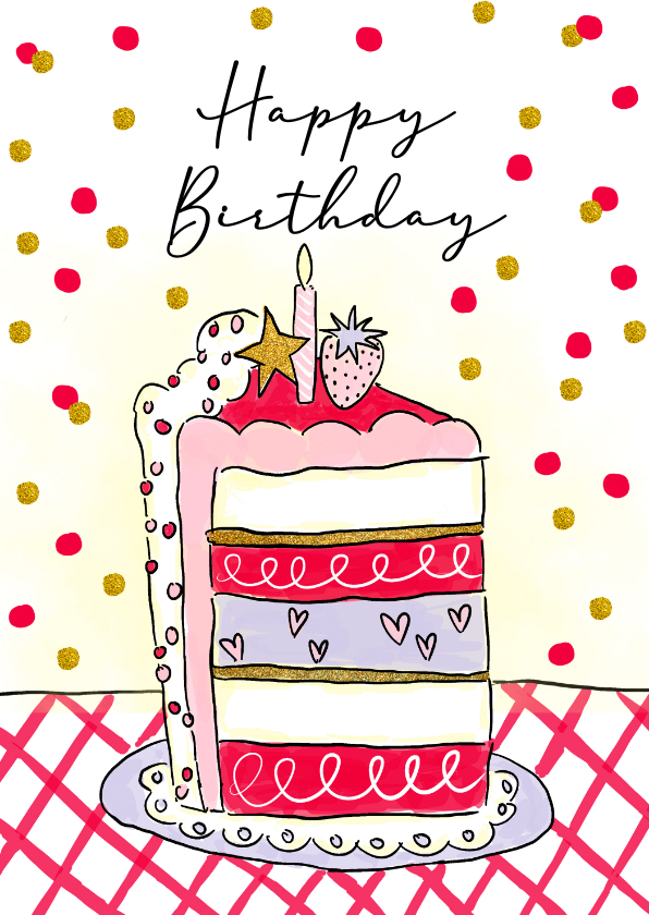 Verjaardagskaarten - Verjaardagskaart taart en confetti vrolijk