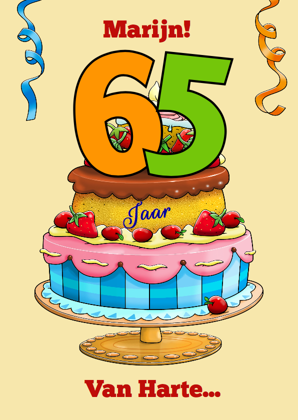 Verjaardagskaart taart met aanpasbare cijfers 65 - Verjaardagskaarten Verjaardagskaarten - Verjaardagskaart taart met aanpasbare cijfers 65
