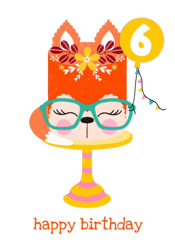 Verjaardagskaarten - Verjaardagskaart taart vos bloemen oranje