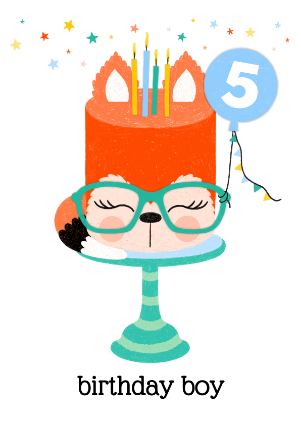 Verjaardagskaarten - Verjaardagskaart taart vos kaarsen ballon mint