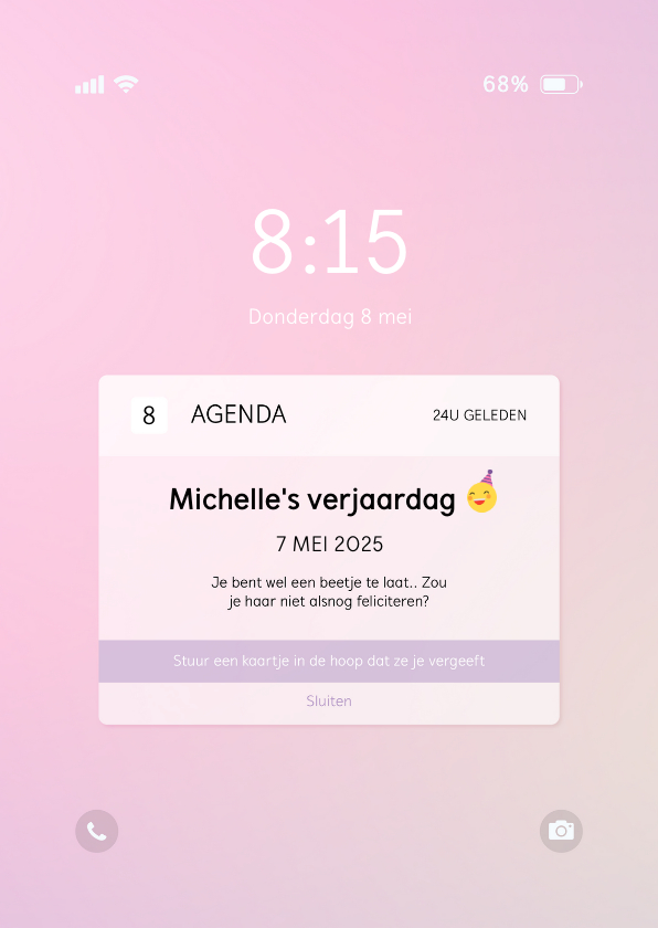 Verjaardagskaarten - Verjaardagskaart te laat telefoon notificatie