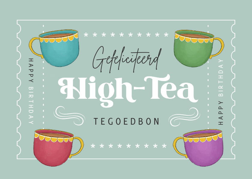 Verjaardagskaarten - Verjaardagskaart tegoedbon high tea thee kopjes coupon