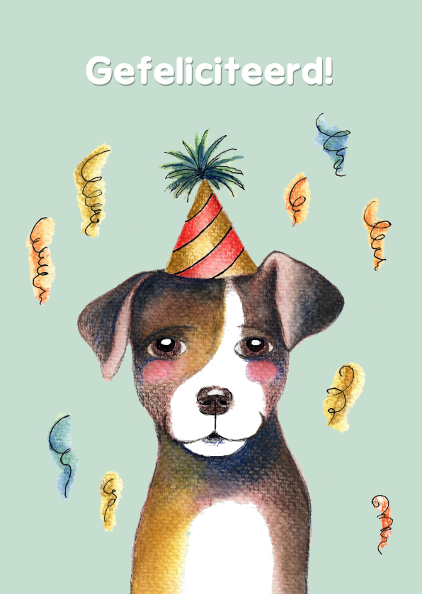 Verjaardagskaarten - Verjaardagskaart terriër hond met feest hoedje