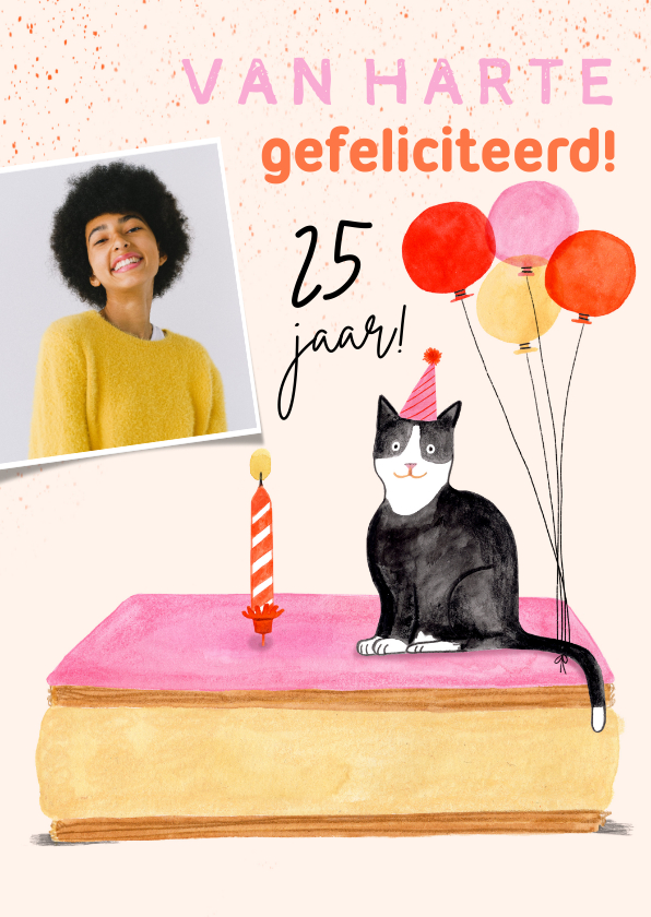Verjaardagskaarten - Verjaardagskaart tompouce met poes ballonnen foto