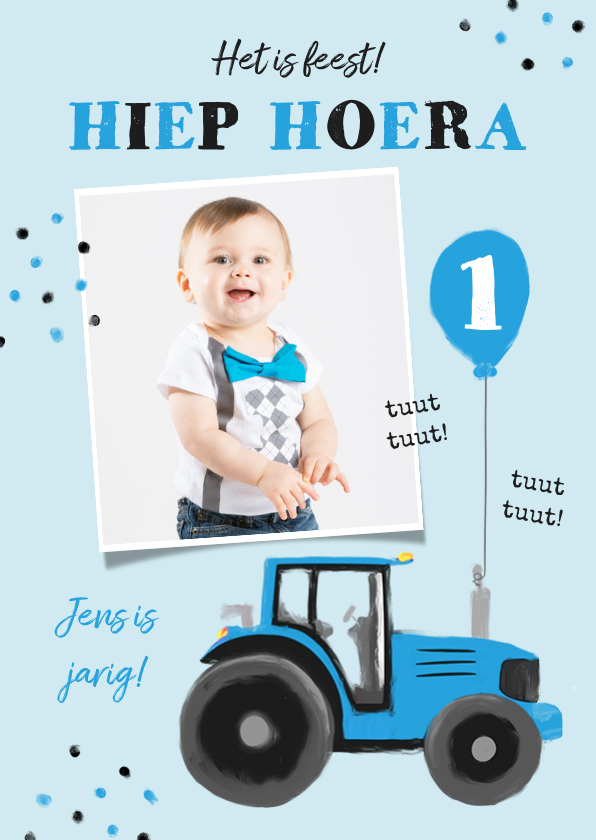 Verjaardagskaarten - Verjaardagskaart tractor confetti blauw jongen ballon
