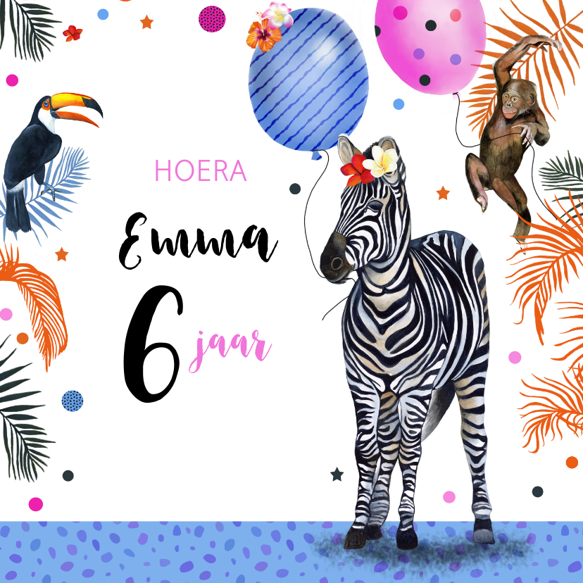 Verjaardagskaarten - Verjaardagskaart tropisch zebra