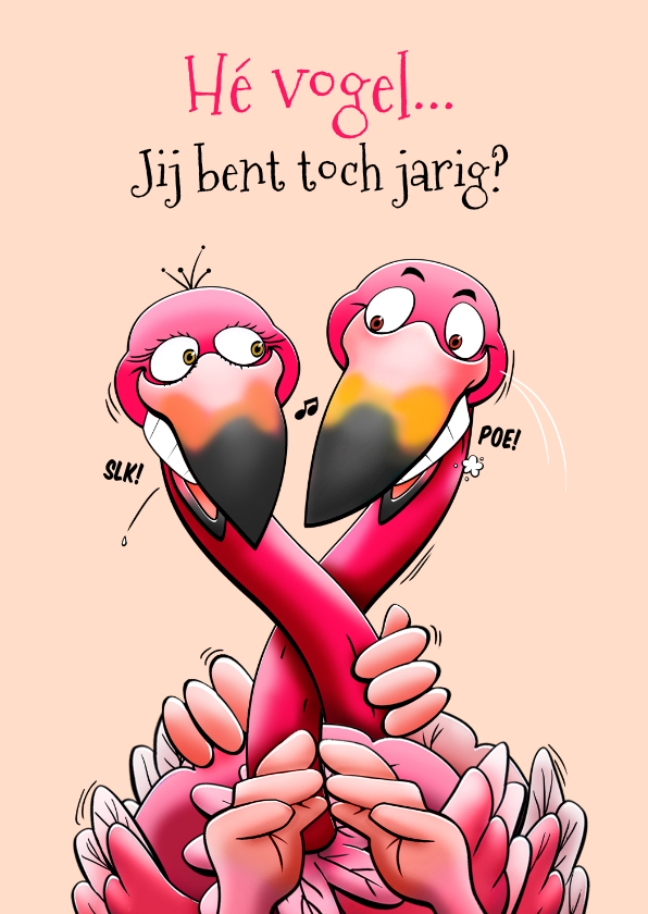 Verjaardagskaarten - Verjaardagskaart twee flamingo's met wijn