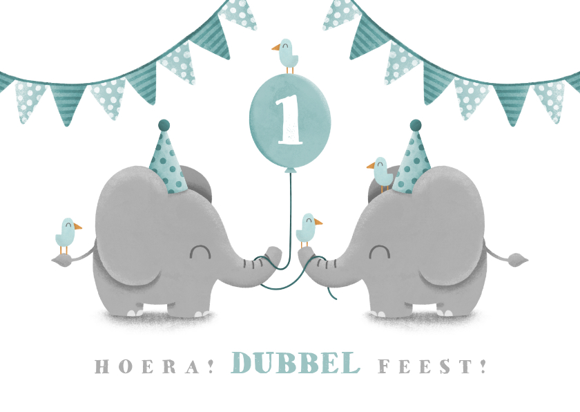 Verjaardagskaarten - Verjaardagskaart tweeling olifantjes met ballon en slingers