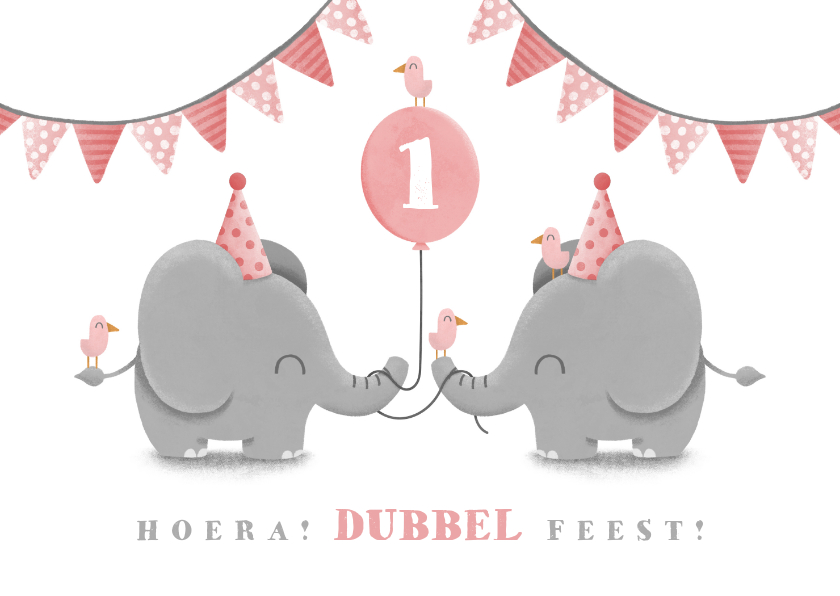 Verjaardagskaarten - Verjaardagskaart tweeling olifantjes met slingers en ballon