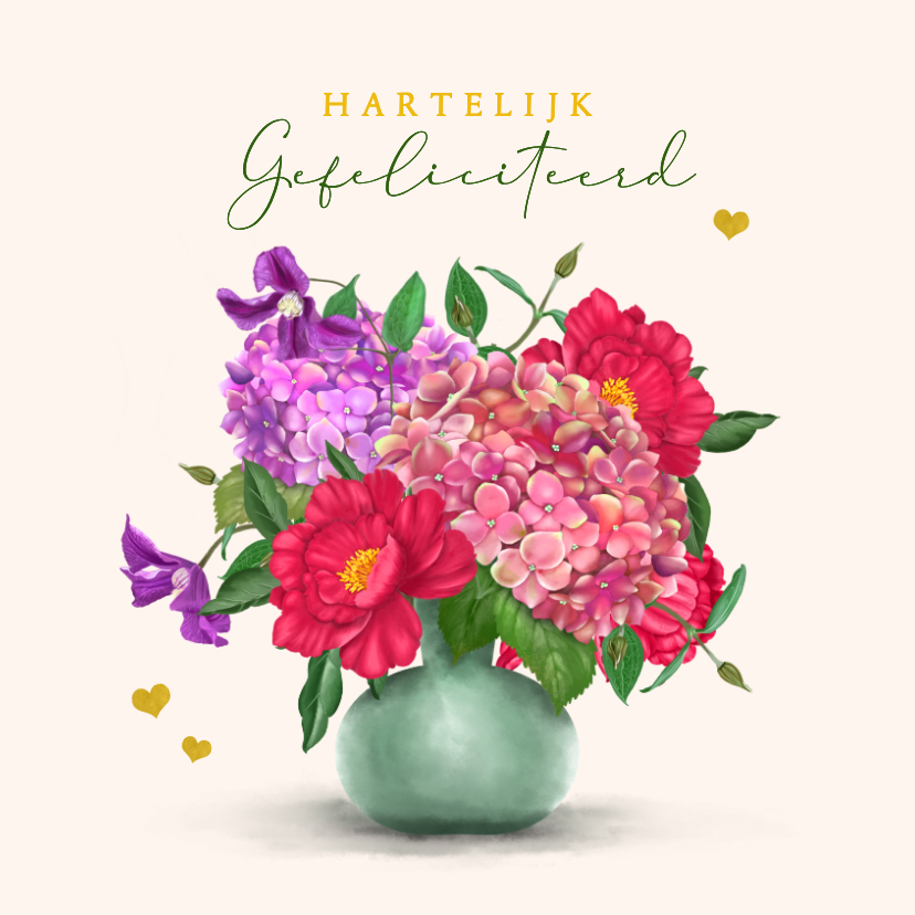 Verjaardagskaarten - Verjaardagskaart vaas met bloemen rood-paars