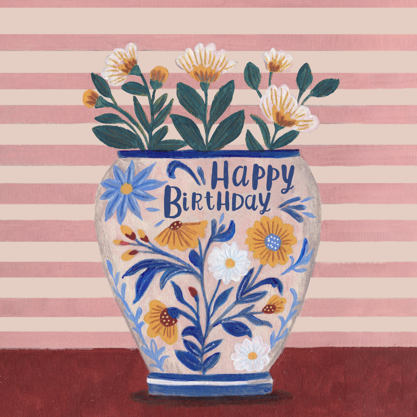 Verjaardagskaarten -  Verjaardagskaart vaas met bloemen streep
