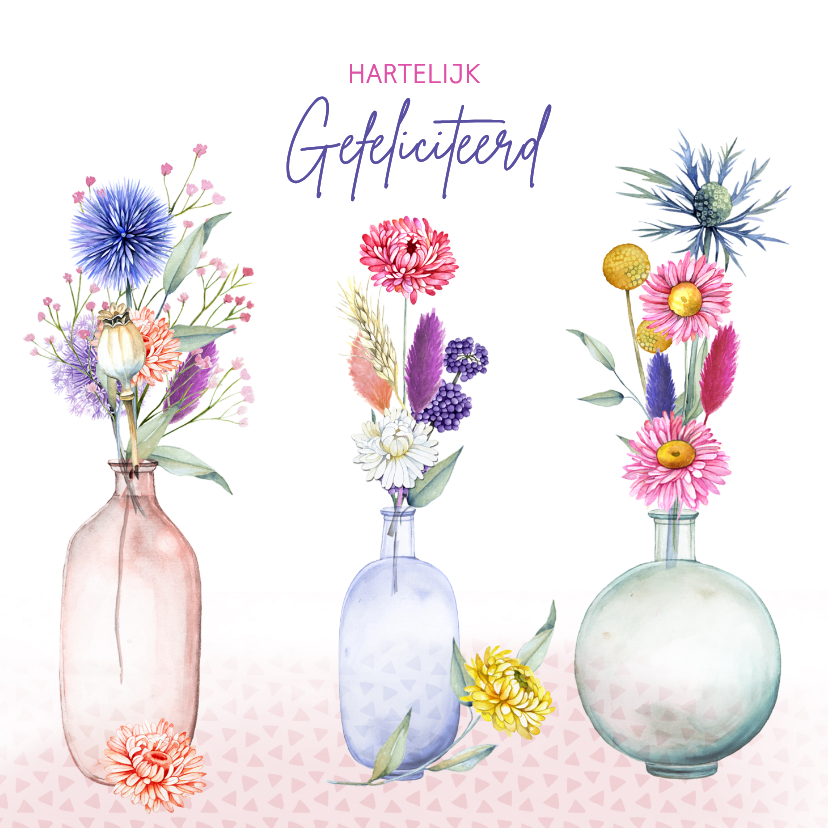 Verjaardagskaarten - Verjaardagskaart vaasjes droogbloemen