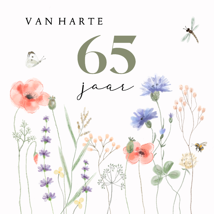 Verjaardagskaarten - Verjaardagskaart veldbloemen vlinder bij en libelle