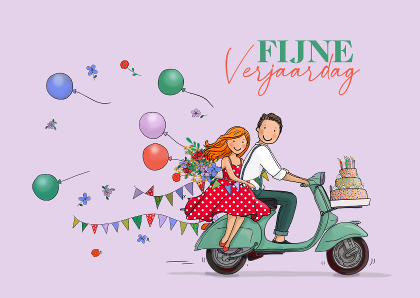 Verjaardagskaarten - Verjaardagskaart Vespa scooter met vlaggetjes