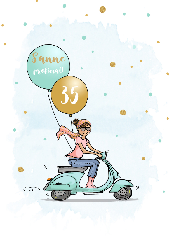 Verjaardagskaarten - Verjaardagskaart vespa scooter vrouw