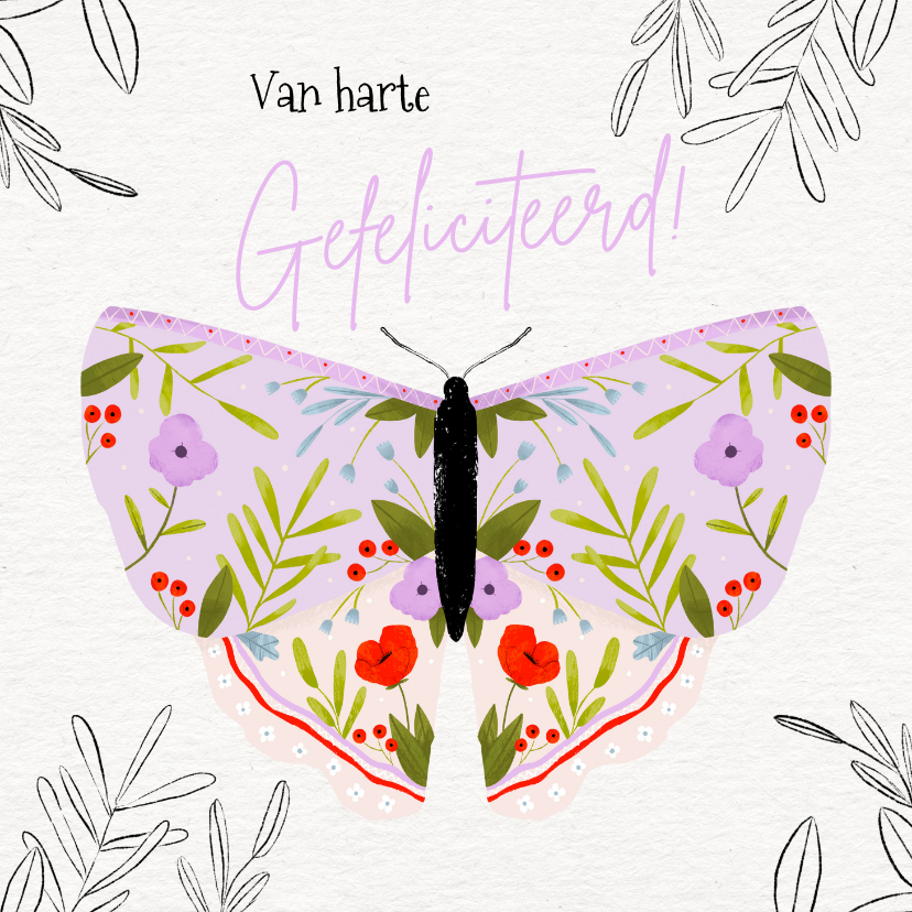 Verjaardagskaarten - Verjaardagskaart vlinder lila groen bladeren bloemen vrouw