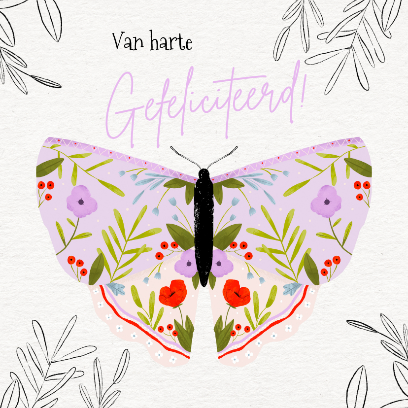 Verjaardagskaart vlinder lila groen bladeren bloemen vrouw - Verjaardagskaarten Verjaardagskaarten - Verjaardagskaart vlinder lila groen bladeren bloemen vrouw