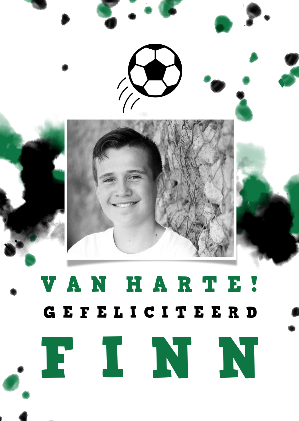 Verjaardagskaart voetbal met foto en spetters - Verjaardagskaarten Verjaardagskaarten - Verjaardagskaart voetbal met foto en spetters
