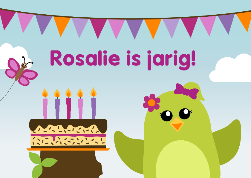 Verjaardagskaart vogel met taart meisje - DD - Verjaardagskaarten Verjaardagskaarten - Verjaardagskaart vogel met taart meisje - DD