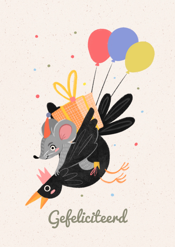 Verjaardagskaarten - Verjaardagskaart vogel muis en cadeautje