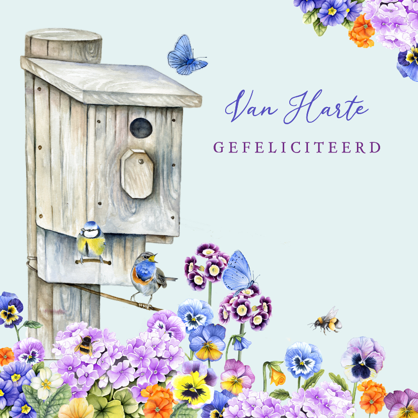 Verjaardagskaarten - Verjaardagskaart vogelhuis bloemen vogels