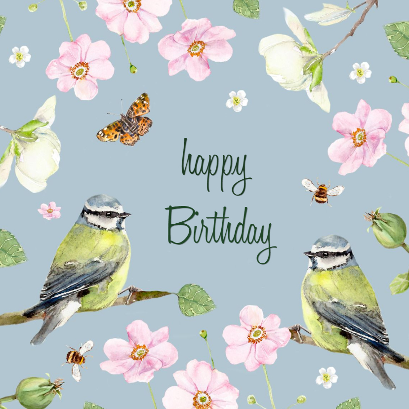 Verjaardagskaarten - Verjaardagskaart vogels bloemen