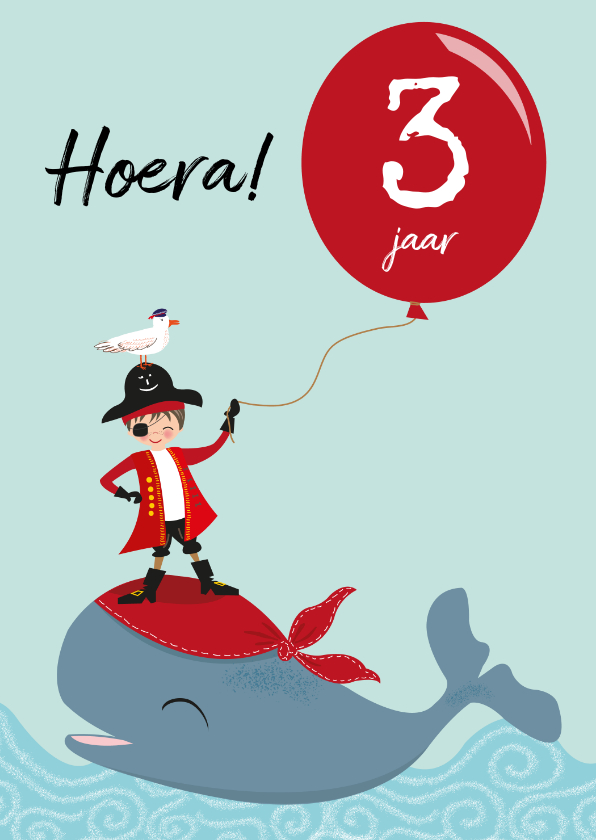Verjaardagskaarten - Verjaardagskaart voor kind met piraatje op walvis