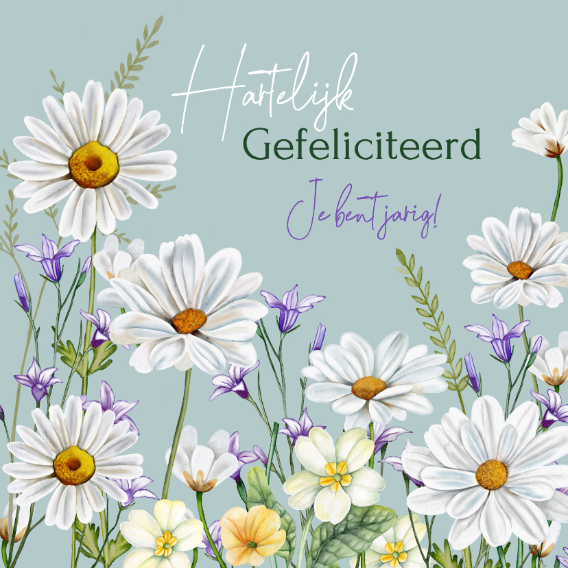 Verjaardagskaart voorjaarsbloemetjes Margrietjes - Verjaardagskaarten Verjaardagskaarten - Verjaardagskaart voorjaarsbloemetjes Margrietjes