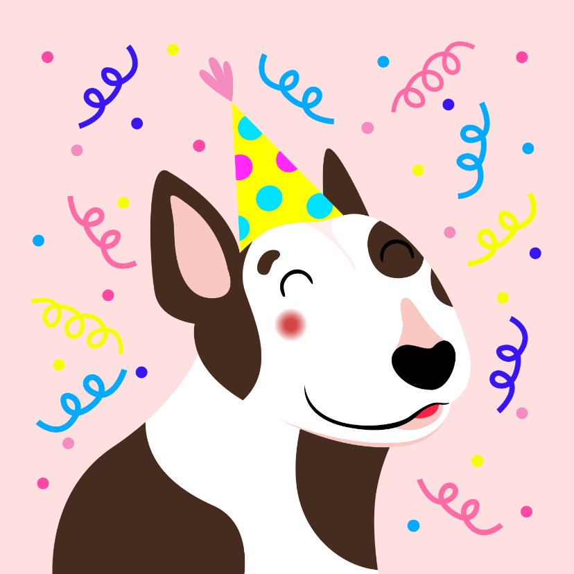 Verjaardagskaarten - Verjaardagskaart vrolijke bull terrier met slingers