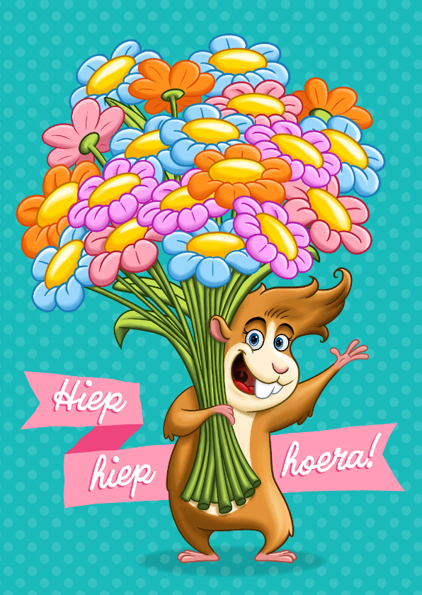 Verjaardagskaarten - Verjaardagskaart vrolijke cavia met een bos bloemen!