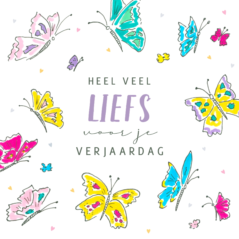 Verjaardagskaart vrolijke gekleurde vlinders met hartjes - Verjaardagskaarten Verjaardagskaarten - Verjaardagskaart vrolijke gekleurde vlinders met hartjes