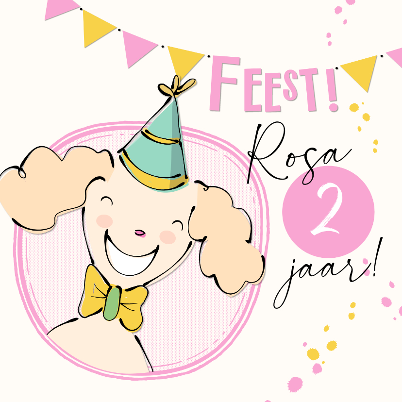 Verjaardagskaart vrolijke poedel met feestmuts en slingers - Verjaardagskaarten Verjaardagskaarten - Verjaardagskaart vrolijke poedel met feestmuts en slingers