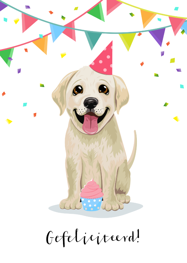 Verjaardagskaarten - Verjaardagskaart vrolijke puppy cupcake confetti en slingers