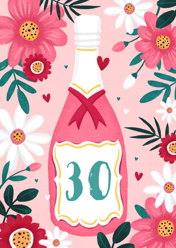 Verjaardagskaarten - Verjaardagskaart vrouw bloemen champagne roze hartjes